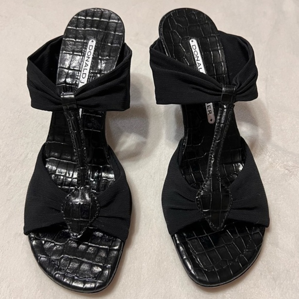 Donald J Pliner Black Crocodile Embossed Sandals Spool Shoes Slip On Heels 5.5